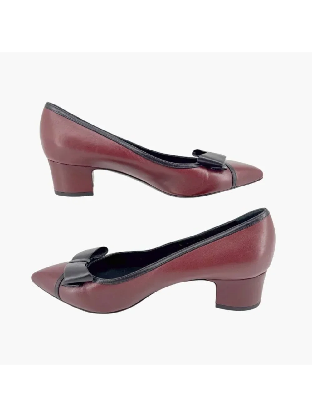 Chanel Pointed Toe Bow Pumps Size 38 US 7-7.5 Maroon Leather CC Mid Block Heel